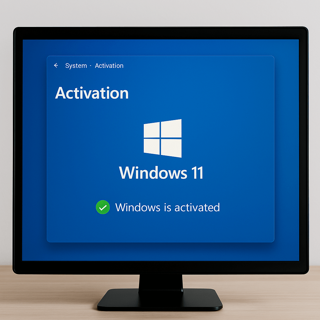 Kompiuterio monitorius, kuriame matomas aktyvuotas Windows 11 ekranas su žinute „Windows is activated“ mėlyname fone.