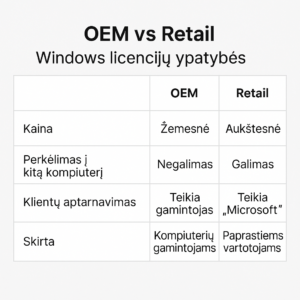 Lentelė lietuvių kalba, lyginanti OEM ir Retail Windows licencijų ypatybes: kainą, perkėlimo galimybę, klientų aptarnavimą ir kam licencija skirta.