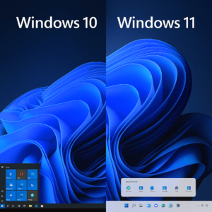 Šiuolaikiška Windows 10 ir Windows 11 darbalaukių sąsajų palyginimo nuotrauka: kairėje klasikinis Windows 10 meniu ir užduočių juosta, dešinėje – Windows 11 su centruota užduočių juosta ir moderniu Start meniu.