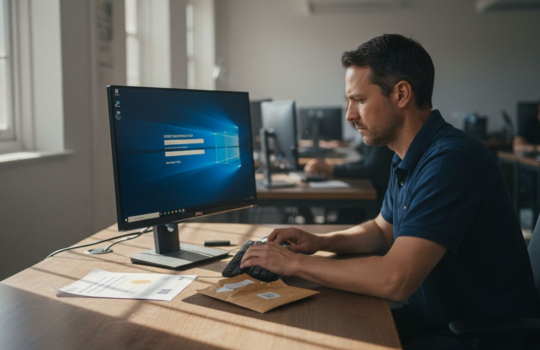 Person entering real Windows license at office desk