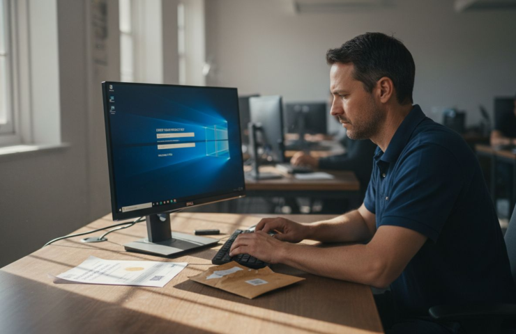 Person entering real Windows license at office desk