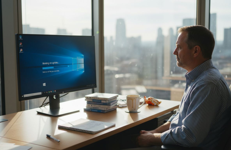 Usuário fazendo upgrade do Windows 10 para o 11 em sua mesa