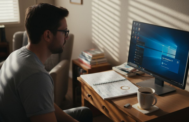 Homem preparando a atualização do Windows no PC de mesa