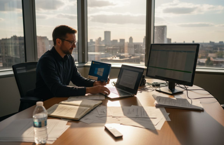 O gerente de TI analisa a compra de software em um escritório de canto