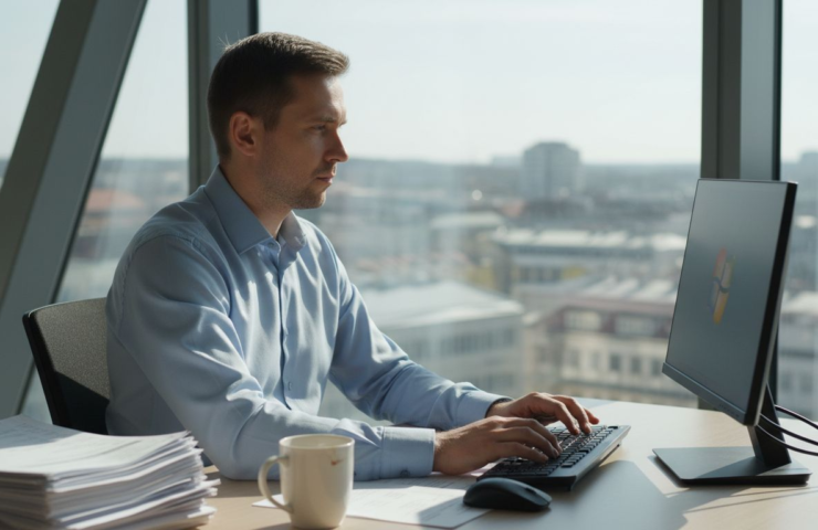 Lithuanian office manager at computer in corner office