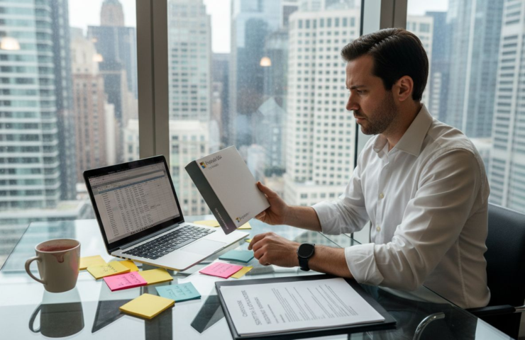 Man verifying Microsoft software in city office