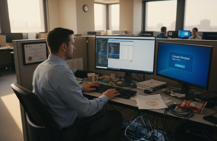 IT technician verifying Microsoft Windows license