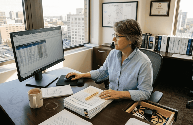 IT manager reviewing software compliance workspace