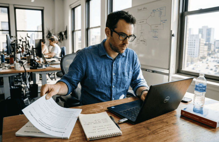 Man checks Windows installation checklist in bright office