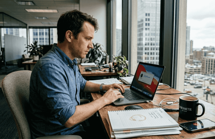 Employee updating laptop in a corner office