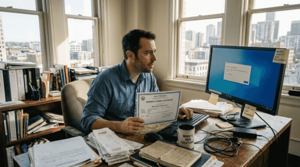 Worried business owner reviewing software license certificate