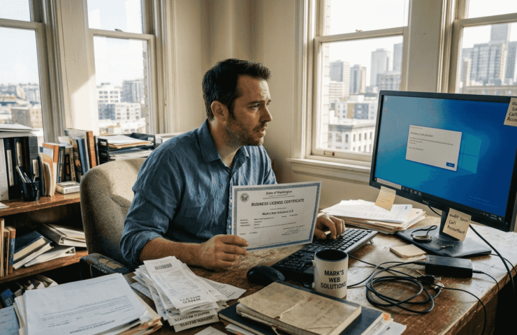 Oroliga företagare granskar licenscertifikat för programvara