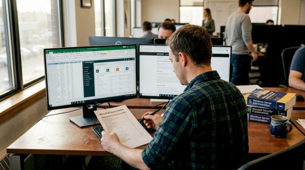 IT manager reviewing license checklist at desk