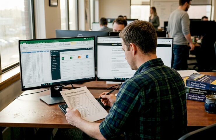 IT manager reviewing license checklist at desk