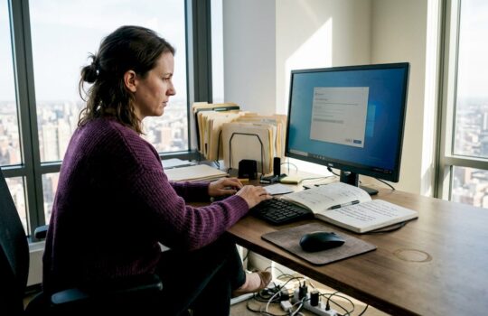 Businesswoman checks OS license at office desk