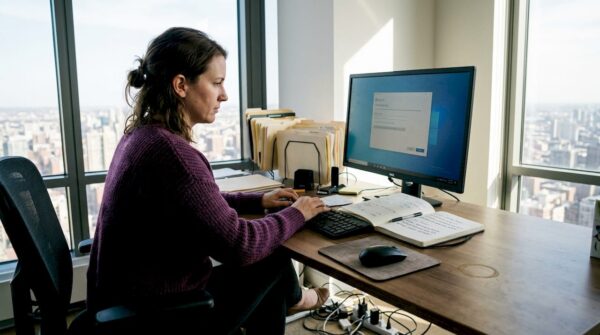 Businesswoman checks OS license at office desk