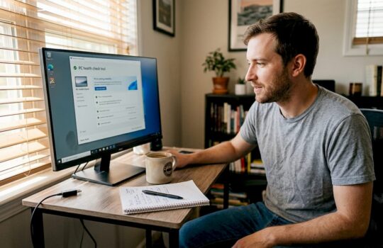 Man verifying computer compatibility for Windows