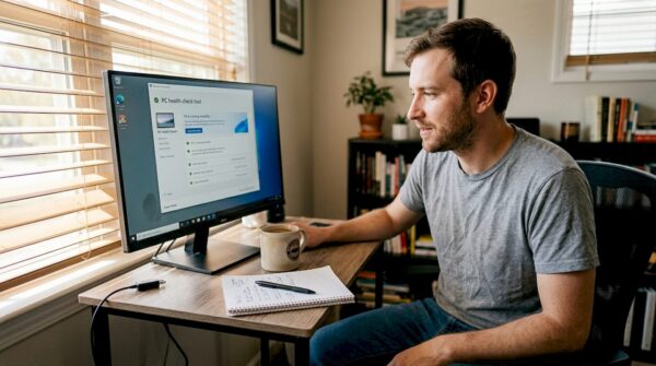Man verifying computer compatibility for Windows