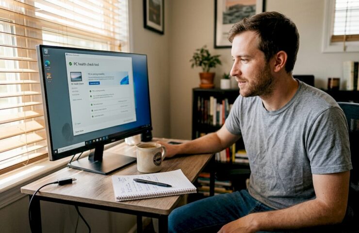 Man som kontrollerar datorns kompatibilitet för Windows