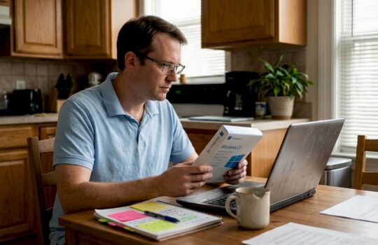 Man reviews Windows OS version at kitchen table