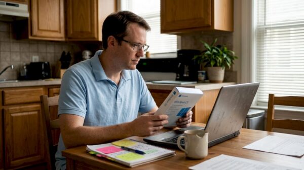 Man reviews Windows OS version at kitchen table