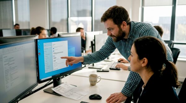 IT specialist supporting Microsoft OS user at desk