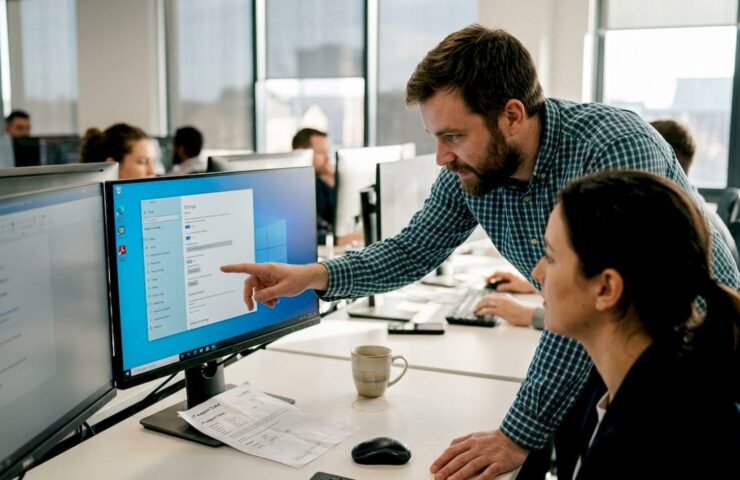 IT-specialist stödjer Microsoft OS-användare vid skrivbordet
