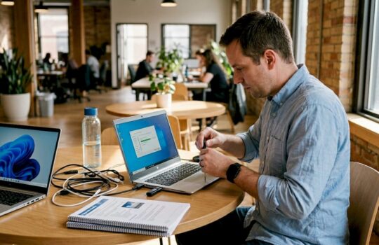 IT consultant upgrading laptops in office workspace