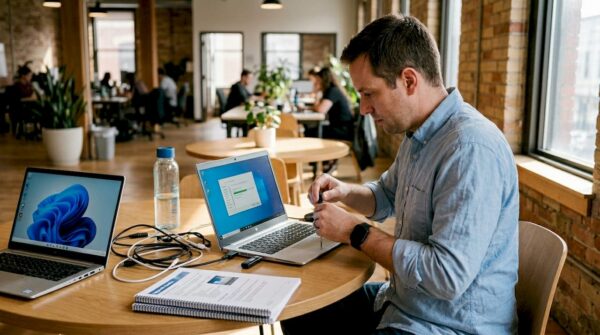 IT consultant upgrading laptops in office workspace
