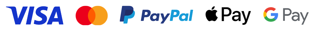 Secure payment methods: Visa, Mastercard, PayPal, Apple Pay, Google Pay