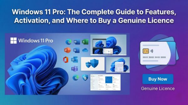 A promotional banner for the article 'Windows 11 Pro: The Complete Guide to Features, Activation, and Where to Buy a Genuine Licence'. The graphic features the signature blue Windows 11 bloom design, various Microsoft app icons, a security shield, and a payment card graphic with a 'Buy Now' button.