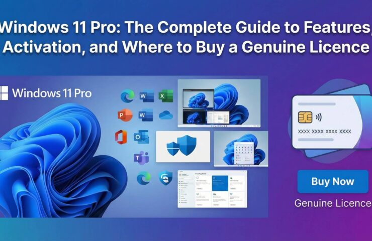 En reklambanner för artikeln 'Windows 11 Pro: The Complete Guide to Features, Activation, and Where to Buy a Genuine Licence'. Grafiken innehåller den blå Windows 11-blomman, olika Microsoft-appikoner, en säkerhetssköld och en betalkortsgrafik med en 'Köp nu'-knapp.