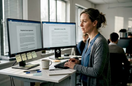 Woman compares software license agreements at office desk
