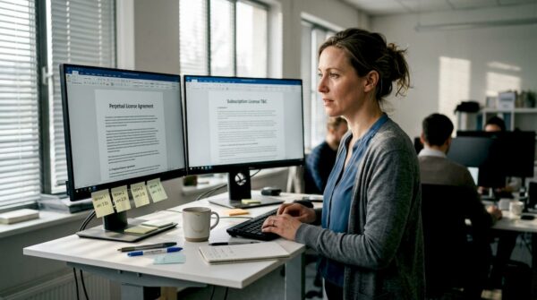 Woman compares software license agreements at office desk