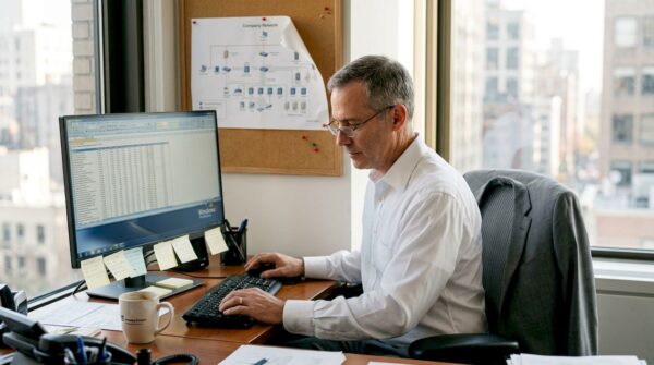 Businessman reviews encrypted file in Windows Pro office