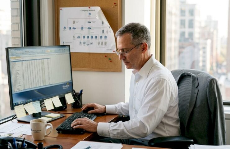 Businessman reviews encrypted file in Windows Pro office