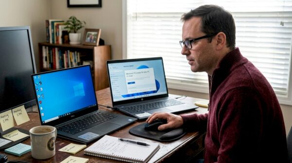 Man examines Windows 10 and 11 laptops