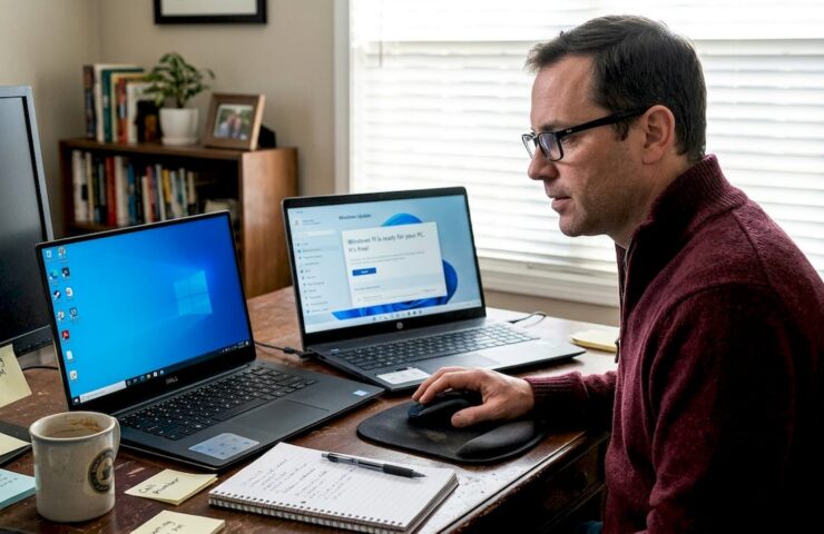 Man examines Windows 10 and 11 laptops