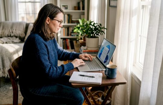 Woman using Windows 11 in bright home office