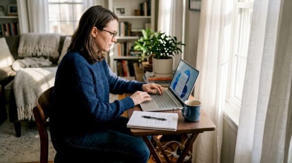 Woman using Windows 11 in bright home office