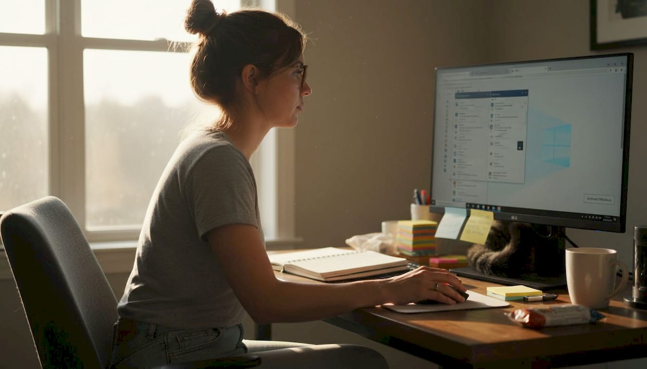 Vrouw activeert Windows 10 vanuit thuiskantoor