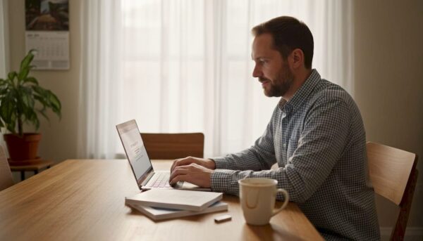 Man entering Windows 10 product key at home