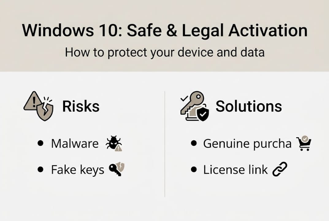Infographic met Windows 10 risico's en veilige oplossingen