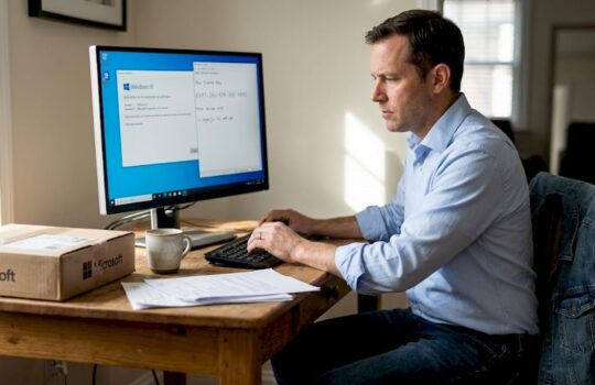 Man checking Windows 10 license on desktop in home office