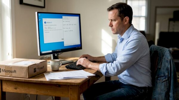 Man checking Windows 10 license on desktop in home office