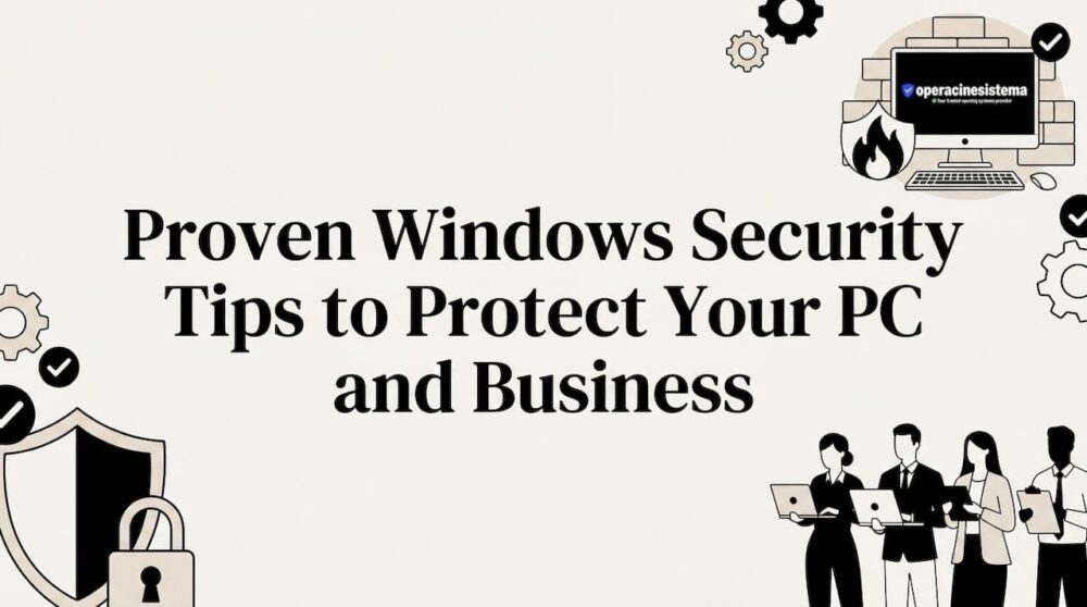 Decorative editorial illustration with security icons framing center
