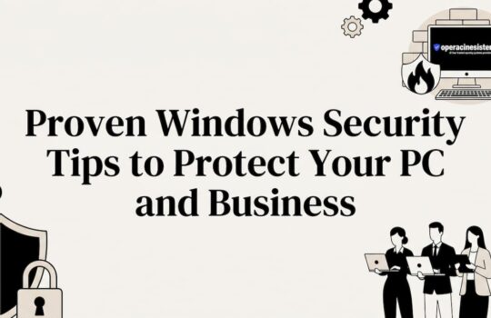 Decorative editorial illustration with security icons framing center