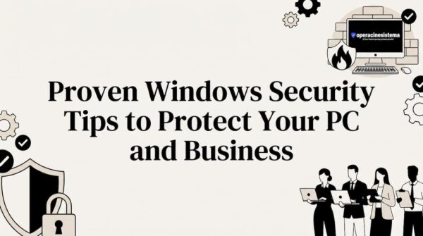 Decorative editorial illustration with security icons framing center