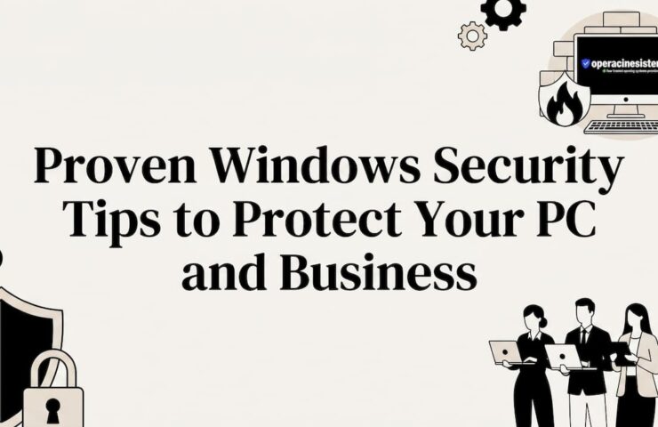 Decorative editorial illustration with security icons framing centre