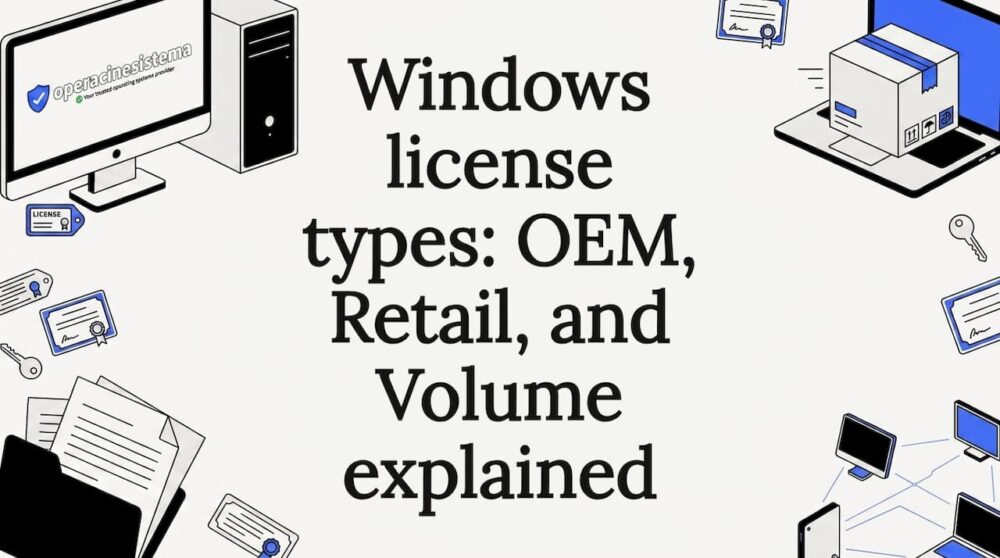 Decorative title card illustration for Windows license types